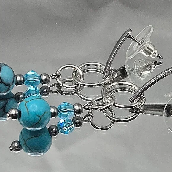 Stainless Steel Turquoise Jasper and Crystal Stud Earings - Picture 3 of 3